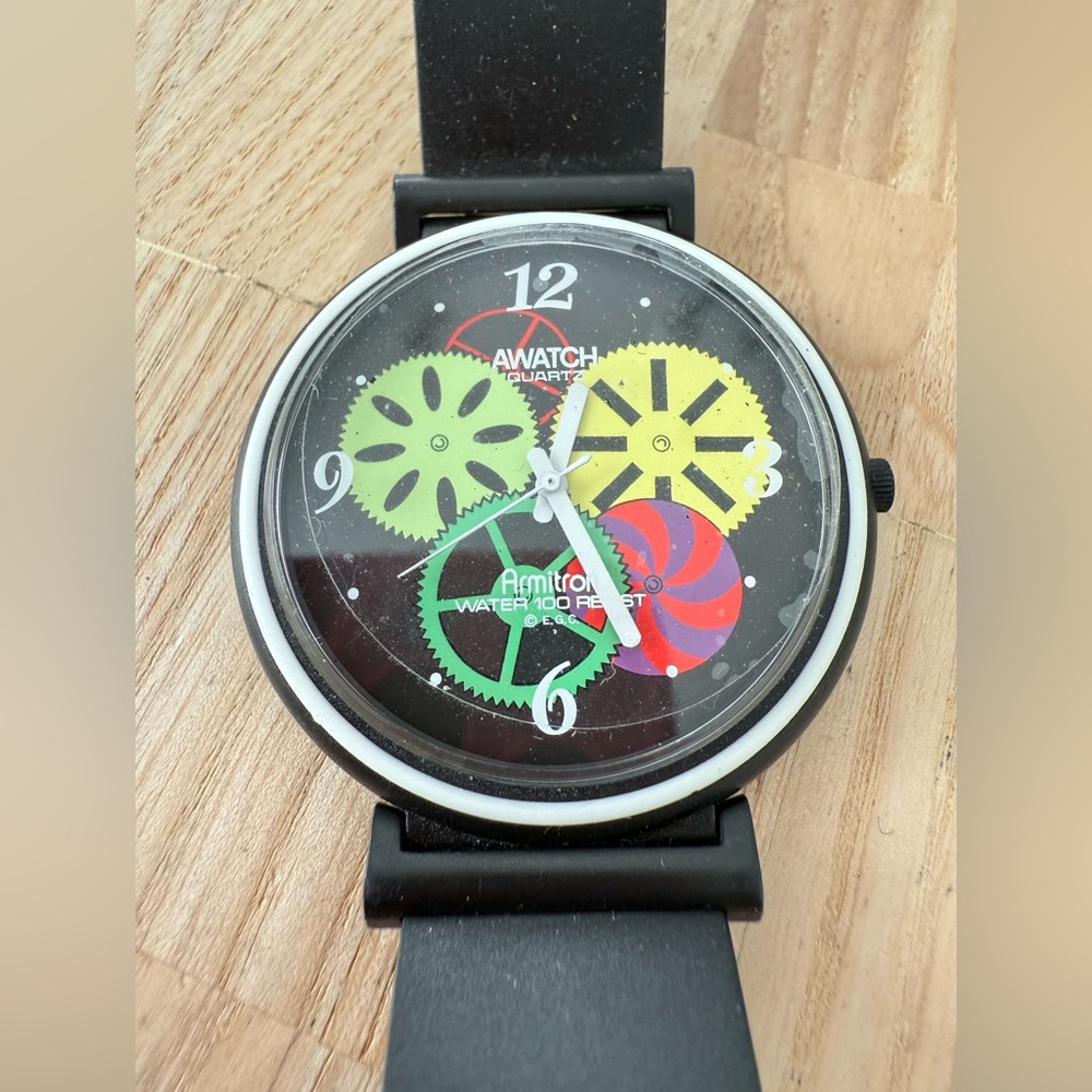 Vintage Armitron AWatch gears design black watch NEW BATTERY